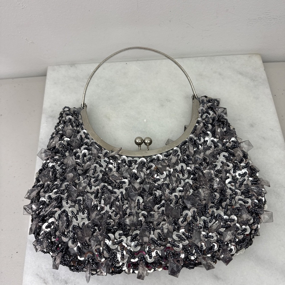 PREZZO Silver Beaded Etched Top Handle Evening Bag in Mink NWT